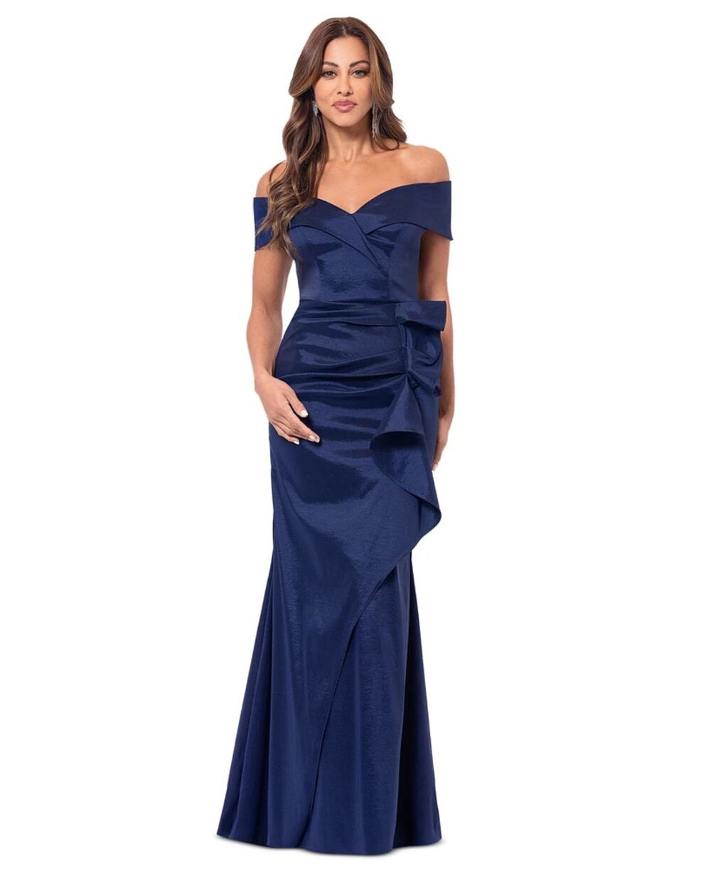 XSCAPE Women's Taffeta Off-The-Shoulder Sweetheart Gown Navy 6